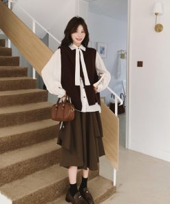Korean Style Brown Knitted Vest, Half Skirt & Off-White Shirt 3-Piece Fashion Set for Trendy Outfits
