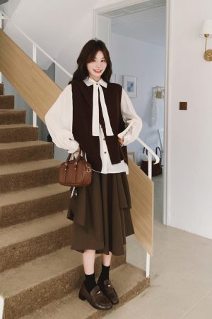 Korean Style Brown Knitted Vest, Half Skirt & Off-White Shirt 3-Piece Fashion Set for Trendy Outfits