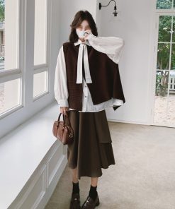 Korean Style Brown Knitted Vest, Half Skirt & Off-White Shirt 3-Piece Fashion Set for Trendy Outfits