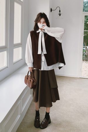 Korean Style Brown Knitted Vest, Half Skirt & Off-White Shirt 3-Piece Fashion Set for Trendy Outfits