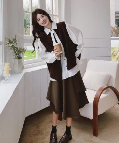 Korean Style Brown Knitted Vest, Half Skirt & Off-White Shirt 3-Piece Fashion Set for Trendy Outfits
