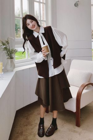 Korean Style Brown Knitted Vest, Half Skirt & Off-White Shirt 3-Piece Fashion Set for Trendy Outfits