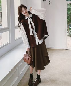 Korean Style Brown Knitted Vest, Half Skirt & Off-White Shirt 3-Piece Fashion Set for Trendy Outfits