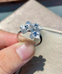 Korean-Style Brushed Embroidered Hydrangea Open Ring for Women, 2025 Trendy Design with Micro-Inlaid Blue Zircon, Versatile Finger Ring