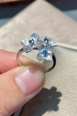 Korean-Style Brushed Embroidered Hydrangea Open Ring for Women, 2025 Trendy Design with Micro-Inlaid Blue Zircon, Versatile Finger Ring