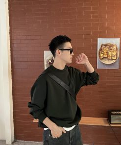 Korean Style Casual Green Heart Relief Sweatshirt for Men - Loose Fit Comfortable Long Sleeve Top for Autumn Winter Wear