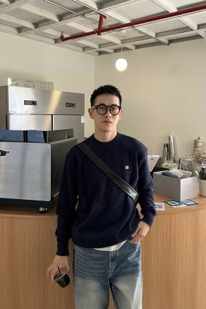 Korean Style Casual Solid Color Minimalist Mink Fur Sweater for Men - Embroidered Loose Top for Autumn and Winter Fashion