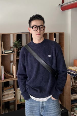 Korean Style Casual Solid Color Minimalist Mink Fur Sweater for Men - Embroidered Loose Top for Autumn and Winter Fashion