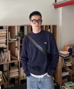 Korean Style Casual Solid Color Minimalist Mink Fur Sweater for Men - Embroidered Loose Top for Autumn and Winter Fashion