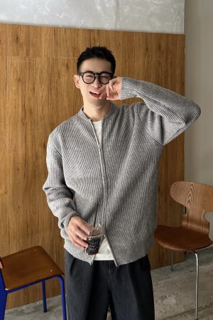 Korean Style Casual Solid Color Zip-Up Sweater Cardigan for Men - Versatile Knitted Jacket for Autumn and Winter Fashion