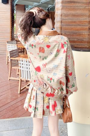 Korean-Style College Two-Piece Set: Short Jacket with Dopamine Print & Pleated Skirt - Chic Age-Reducing Fashion Outfit