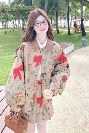 Korean-Style College Two-Piece Set: Short Jacket with Dopamine Print & Pleated Skirt - Chic Age-Reducing Fashion Outfit