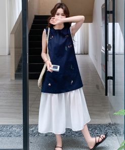 Korean-Style Color-Blocking Embroidered Long Dress for Women - Summer 2025 Fake Two-Piece Spliced Tank Dress with Gentle Wind Temperament