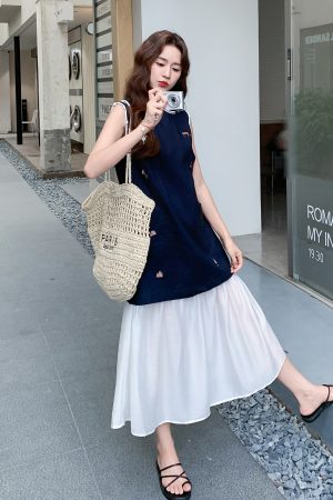 Korean-Style Color-Blocking Embroidered Long Dress for Women - Summer 2025 Fake Two-Piece Spliced Tank Dress with Gentle Wind Temperament
