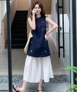Korean-Style Color-Blocking Embroidered Long Dress for Women - Summer 2025 Fake Two-Piece Spliced Tank Dress with Gentle Wind Temperament