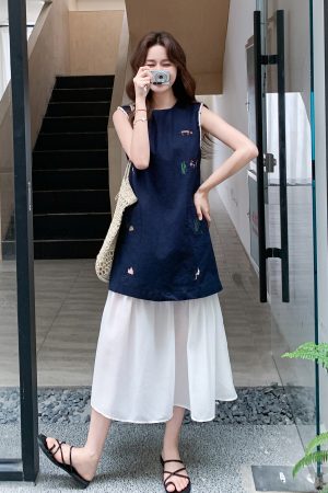 Korean-Style Color-Blocking Embroidered Long Dress for Women - Summer 2025 Fake Two-Piece Spliced Tank Dress with Gentle Wind Temperament