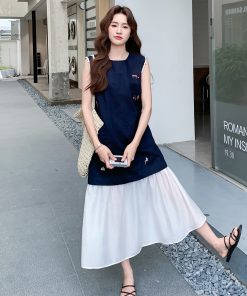 Korean-Style Color-Blocking Embroidered Long Dress for Women - Summer 2025 Fake Two-Piece Spliced Tank Dress with Gentle Wind Temperament