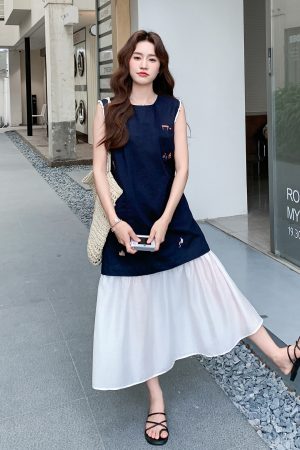 Korean-Style Color-Blocking Embroidered Long Dress for Women - Summer 2025 Fake Two-Piece Spliced Tank Dress with Gentle Wind Temperament
