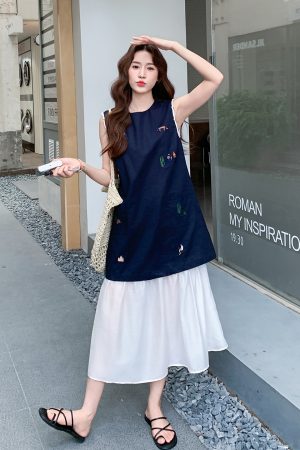 Korean-Style Color-Blocking Embroidered Long Dress for Women - Summer 2025 Fake Two-Piece Spliced Tank Dress with Gentle Wind Temperament