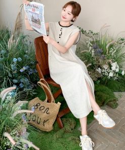 Korean-Style Color-Blocking Sleeveless Dress for Women - Elegant 2025 Summer Vacation Fashion, Unique and Beautiful Tank Dress