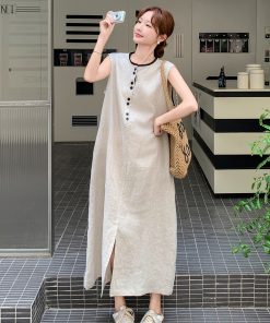 Korean-Style Color-Blocking Sleeveless Dress for Women - Elegant 2025 Summer Vacation Fashion, Unique and Beautiful Tank Dress