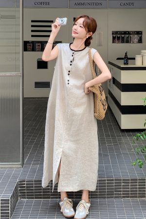 Korean-Style Color-Blocking Sleeveless Dress for Women - Elegant 2025 Summer Vacation Fashion, Unique and Beautiful Tank Dress