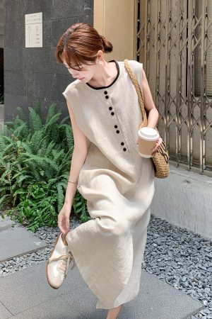Korean-Style Color-Blocking Sleeveless Dress for Women - Elegant 2025 Summer Vacation Fashion, Unique and Beautiful Tank Dress