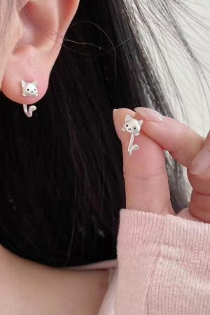 Korean-Style Cute Kitten Tail Earrings, Minimalist Sweet Design, Versatile Two-Wear Accessory for Women