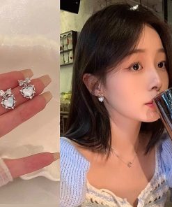 Korean Style Cute Versatile Zircon Bow Earrings - Light Luxury High-End Temperament Heart Design