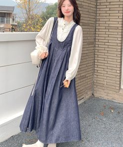 Korean Style Denim Suspender Skirt and Shirt Set for Women - Retro Artistic High-End Youthful Two-Piece Outfit for Spring 2025
