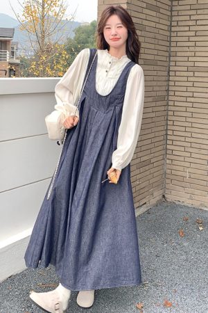 Korean Style Denim Suspender Skirt and Shirt Set for Women - Retro Artistic High-End Youthful Two-Piece Outfit for Spring 2025