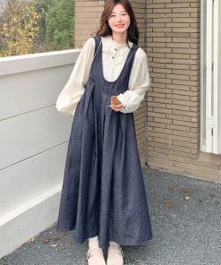 Korean Style Denim Suspender Skirt and Shirt Set for Women - Retro Artistic High-End Youthful Two-Piece Outfit for Spring 2025