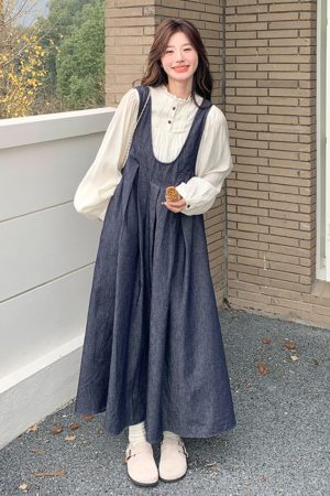 Korean Style Denim Suspender Skirt and Shirt Set for Women - Retro Artistic High-End Youthful Two-Piece Outfit for Spring 2025