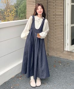 Korean Style Denim Suspender Skirt and Shirt Set for Women - Retro Artistic High-End Youthful Two-Piece Outfit for Spring 2025