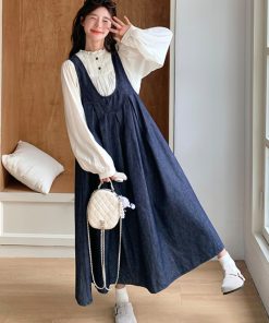 Korean Style Denim Suspender Skirt and Shirt Set for Women - Retro Artistic High-End Youthful Two-Piece Outfit for Spring 2025