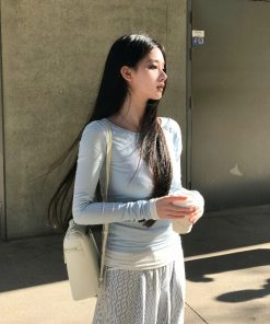 Korean Style Diagonal Collar Two-Piece T-Shirt with Waist-Cinching Top and Lace Long Pants for a Slimming Look