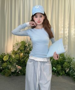 Korean Style Diagonal Collar Two-Piece T-Shirt with Waist-Cinching Top and Lace Long Pants for a Slimming Look