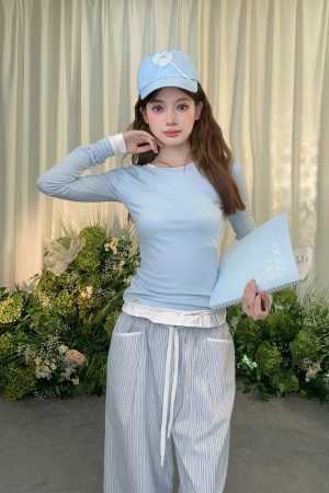 Korean Style Diagonal Collar Two-Piece T-Shirt with Waist-Cinching Top and Lace Long Pants for a Slimming Look