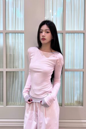 Korean Style Diagonal Collar Two-Piece T-Shirt with Waist-Cinching Top and Lace Long Pants for a Slimming Look