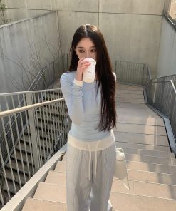 Korean Style Diagonal Collar Two-Piece T-Shirt with Waist-Cinching Top and Lace Long Pants for a Slimming Look