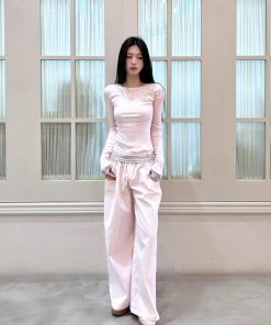 Korean Style Diagonal Collar Two-Piece T-Shirt with Waist-Cinching Top and Lace Long Pants for a Slimming Look