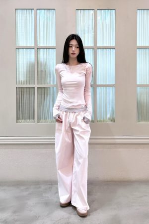 Korean Style Diagonal Collar Two-Piece T-Shirt with Waist-Cinching Top and Lace Long Pants for a Slimming Look