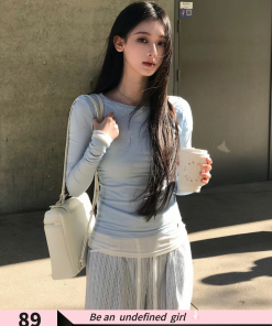 Korean Style Diagonal Collar Two-Piece T-Shirt with Waist-Cinching Top and Lace Long Pants for a Slimming Look