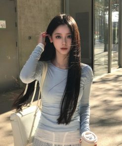 Korean Style Diagonal Collar Two-Piece T-Shirt with Waist-Cinching Top and Lace Long Pants for a Slimming Look