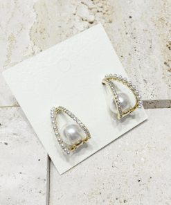 Korean Style Diamond Artificial Pearl Three-Dimensional Curved Triangle S925 Silver Needle Earrings