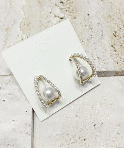 Korean Style Diamond Artificial Pearl Three-Dimensional Curved Triangle S925 Silver Needle Earrings