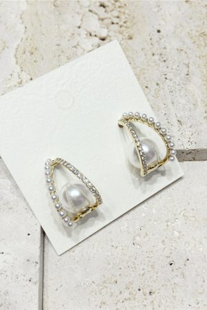 Korean Style Diamond Artificial Pearl Three-Dimensional Curved Triangle S925 Silver Needle Earrings