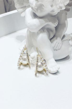 Korean Style Diamond Artificial Pearl Three-Dimensional Curved Triangle S925 Silver Needle Earrings