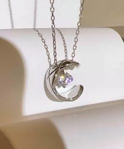 Korean Style Diamond-Studded Moon Pendant Necklace - 925 Pure Silver Clavicle Chain, Jennie-Inspired Fashion Jewelry