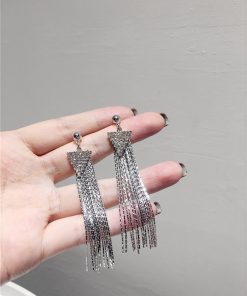 Korean Style Elegant Long Metal Tassel S925 Silver Needle Earrings with Sparkling Diamond Triangular Drop Accessories